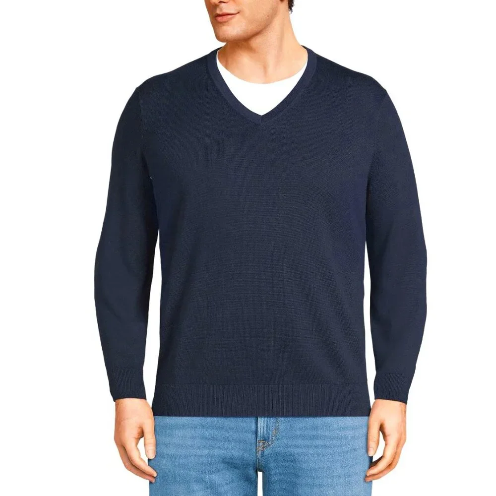 Lands’ End Men’s	| Supima Cotton V-Neck Sweater Navy Blue | Size Large